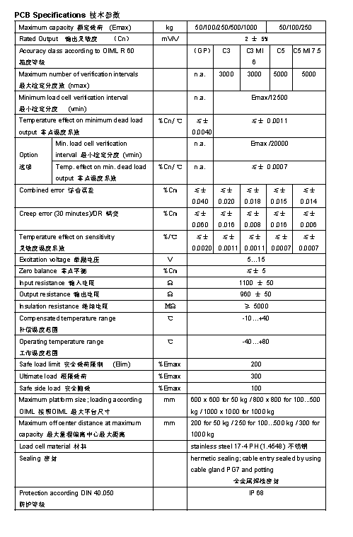 FLINTEC PCB 單點式稱重傳感器技術(shù)參數(shù)圖2